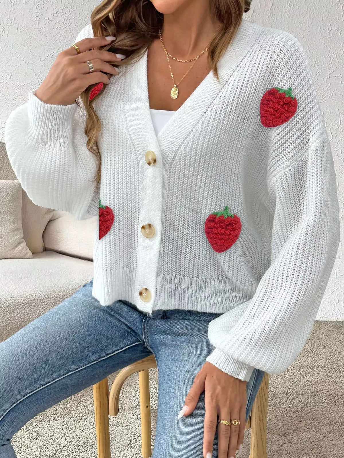 White Strawberry Applique Button-Up Cardigan side view