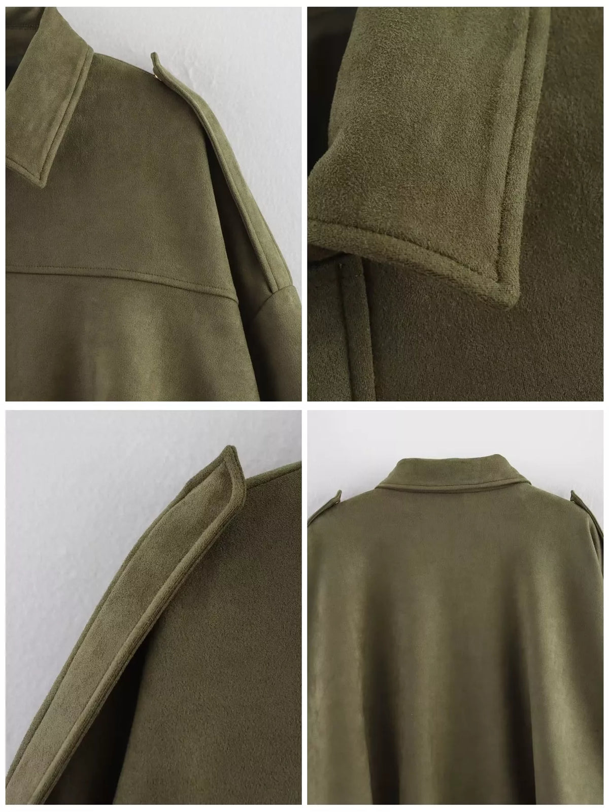 Olive elastic hem batwing sleeve jacket, collar, shoulder tab, and back close-ups