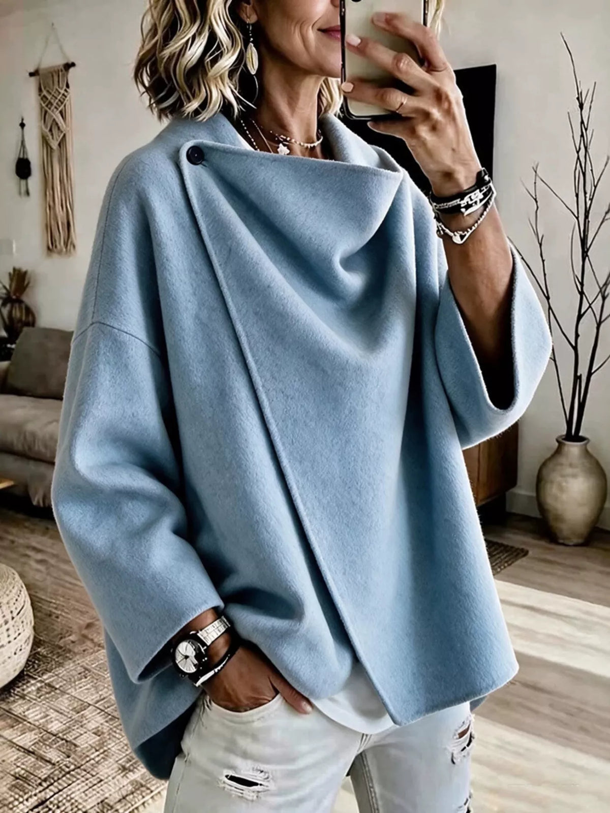 Women's Asymmetric Collar Button Detail Jacket in light blue — front view