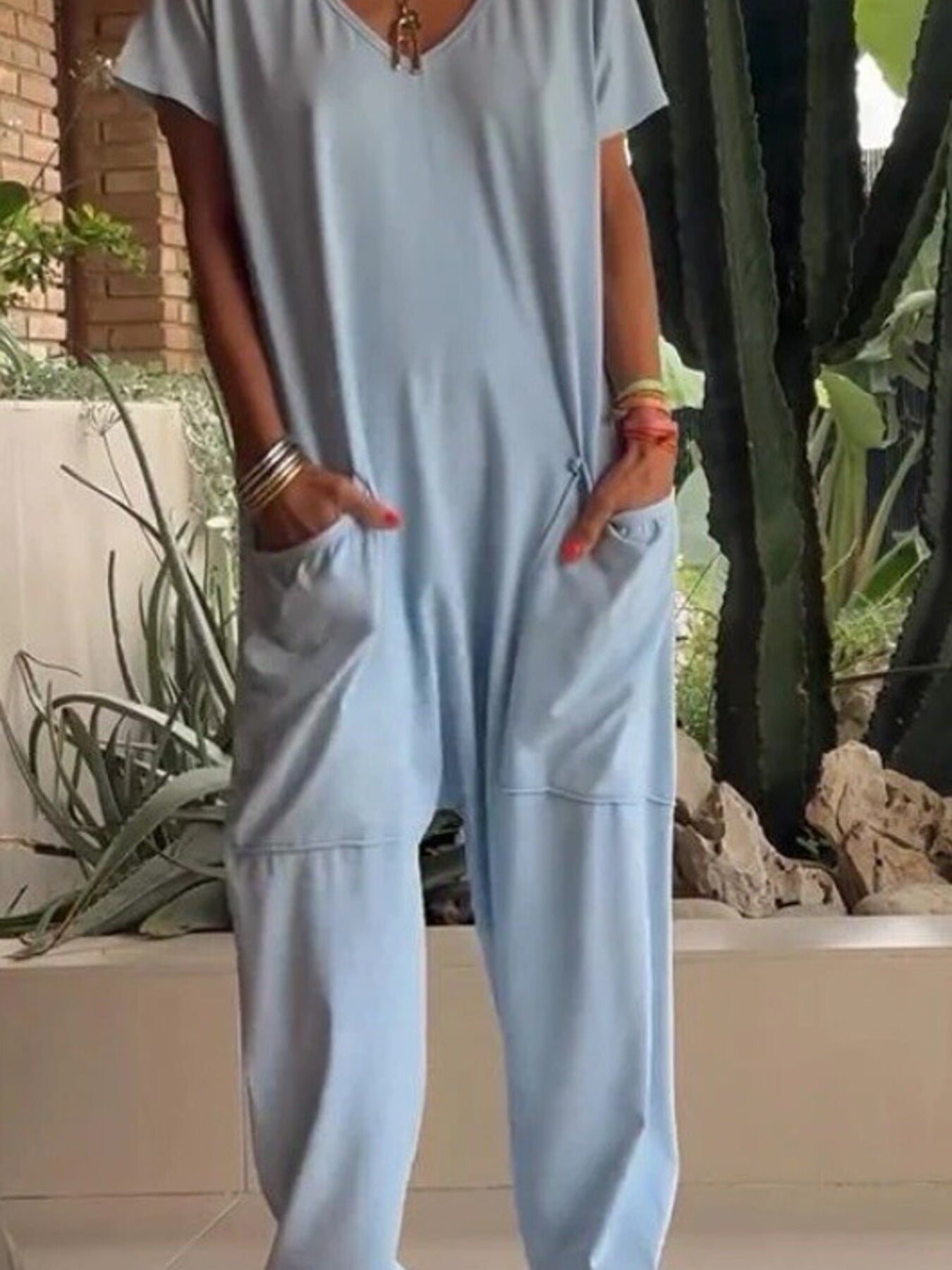 Trendsi Full Size Loose Fit V-Neck Short Sleeve Wide Leg Jumpsuit Plus Size -