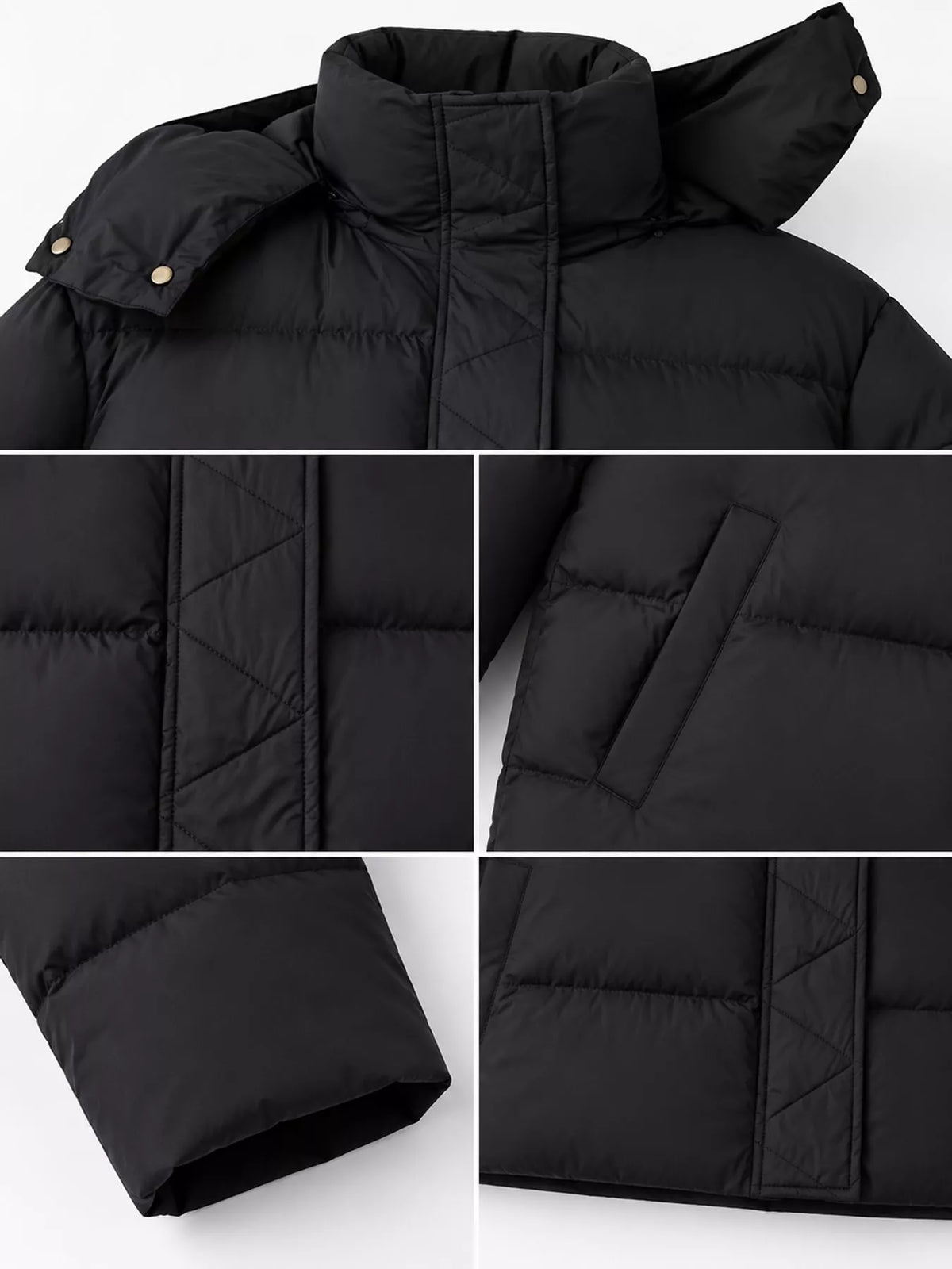 Black quilted hooded puffer jacket, hood, pocket and cuff collage