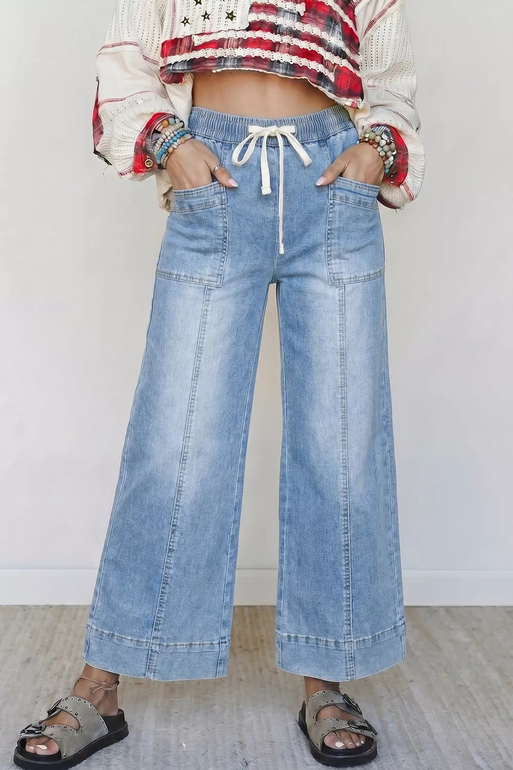 Trendsi Drawstring Waist Wide Leg Ankle Length Jeans -