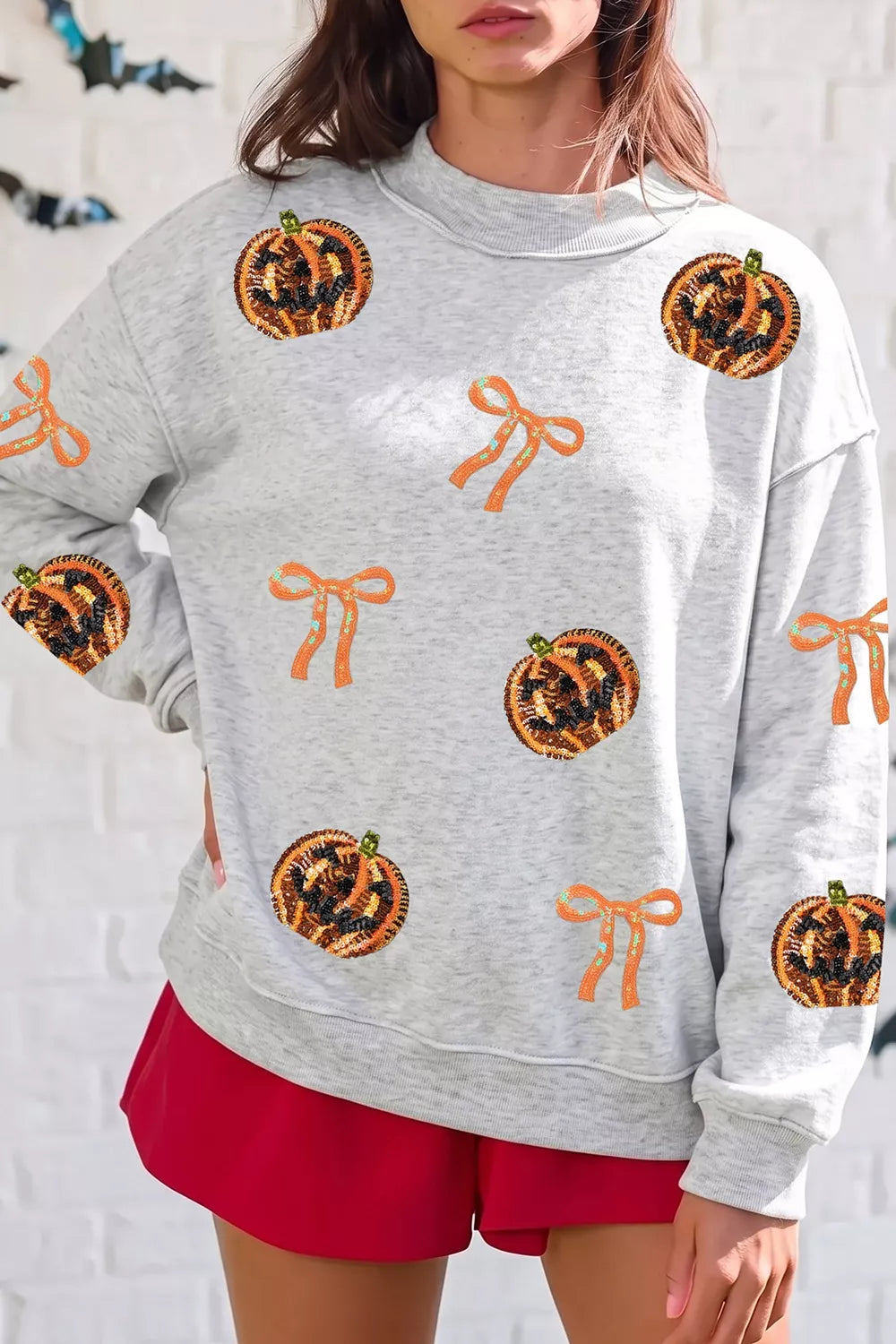 Women's light gray sequin pumpkin bow Halloween sweatshirt