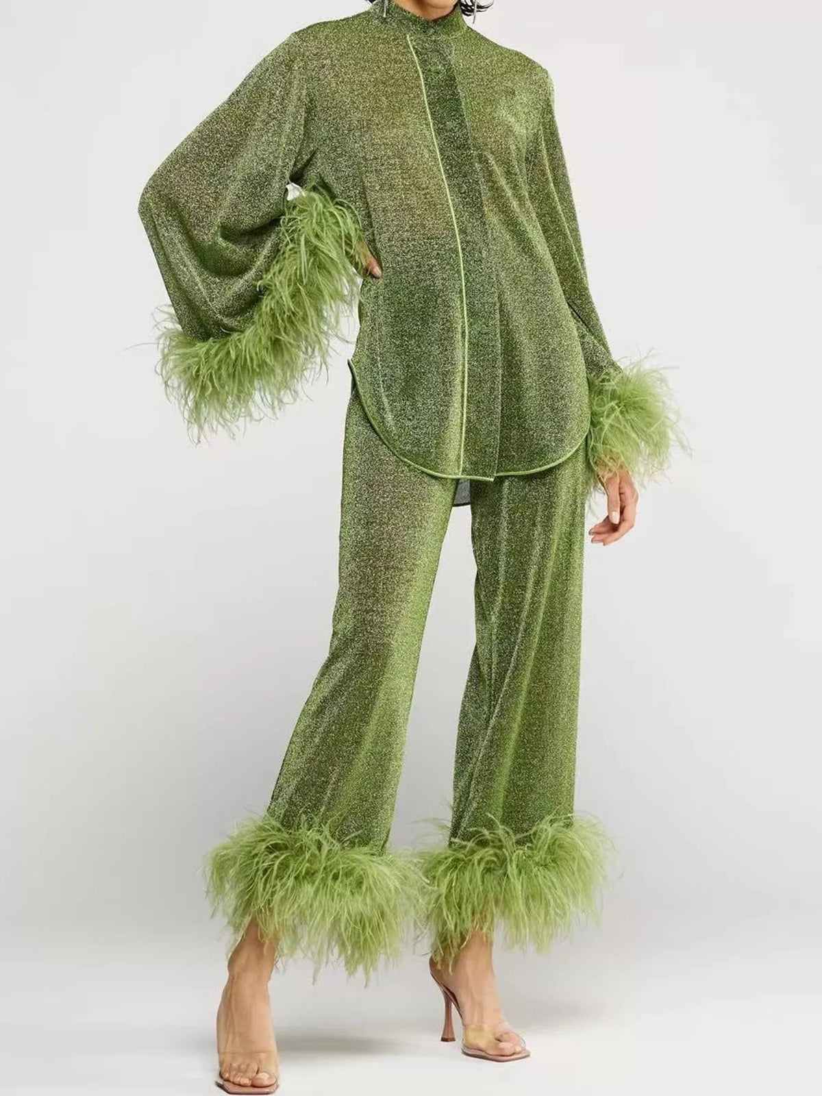 Olive feather-trimmed top and wide-leg pants set — front view