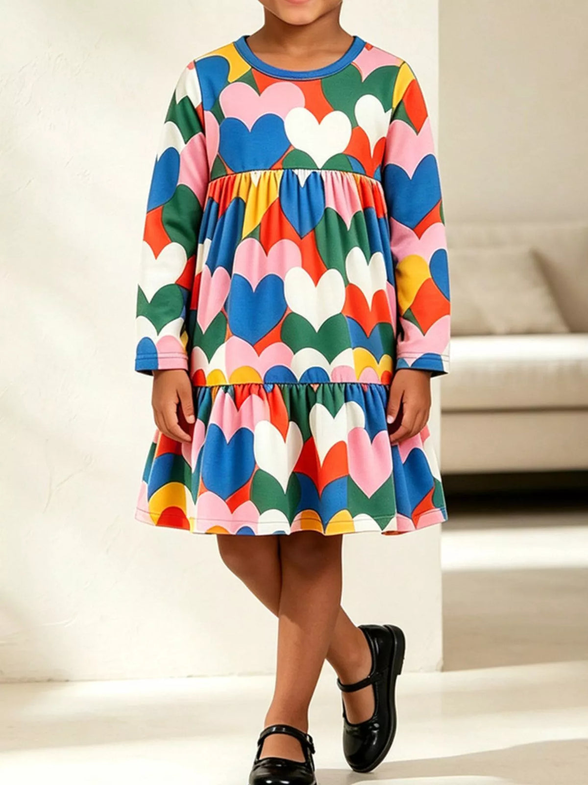 Multicolor children's heart print long sleeve tiered dress
