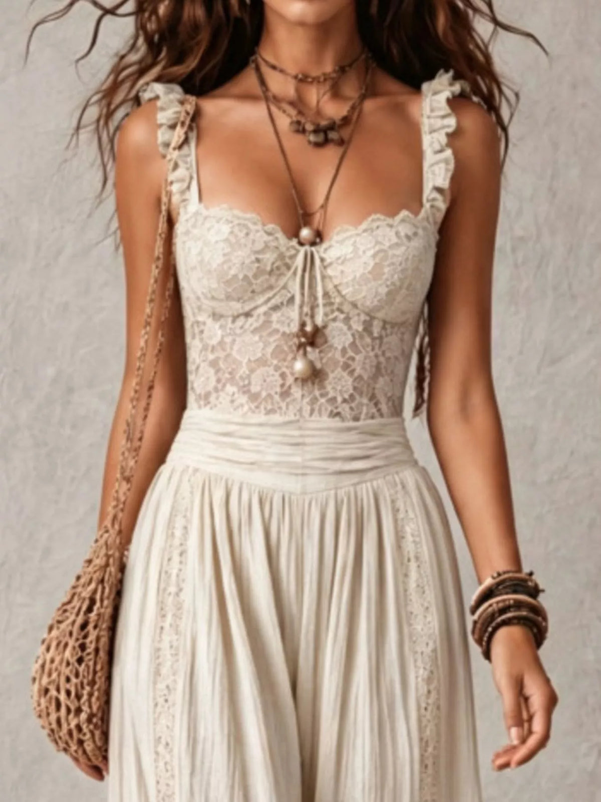 Ivory lace-bodice harem-leg jumpsuit, lace bodice detail.