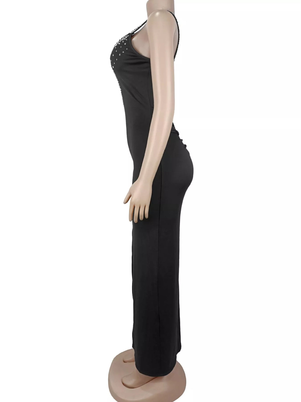 Trendsi Rhinestone Cutout Back High Slit Maxi Dress -