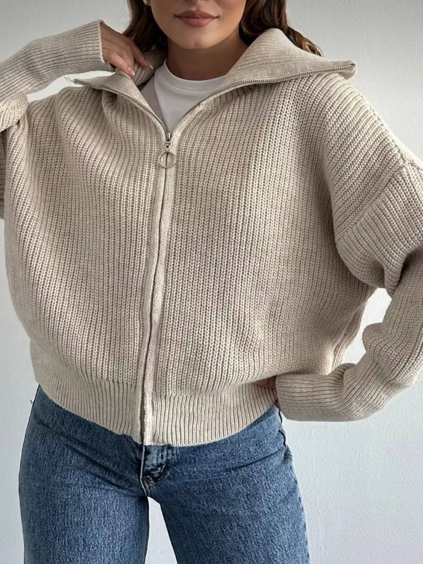 Trendsi Zip Up Dropped Shoulder Cardigan -