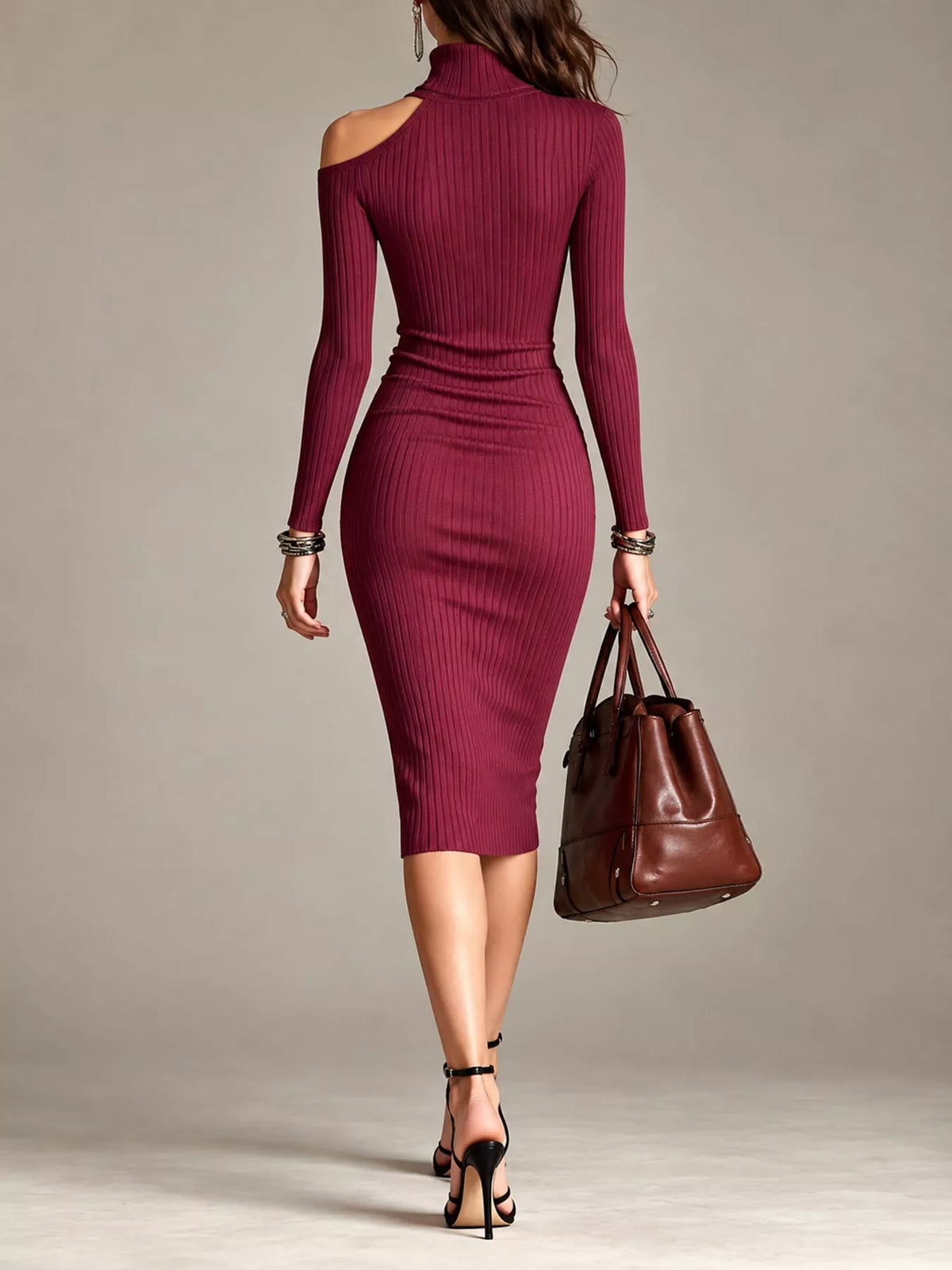 Cold-shoulder dress, burgundy back