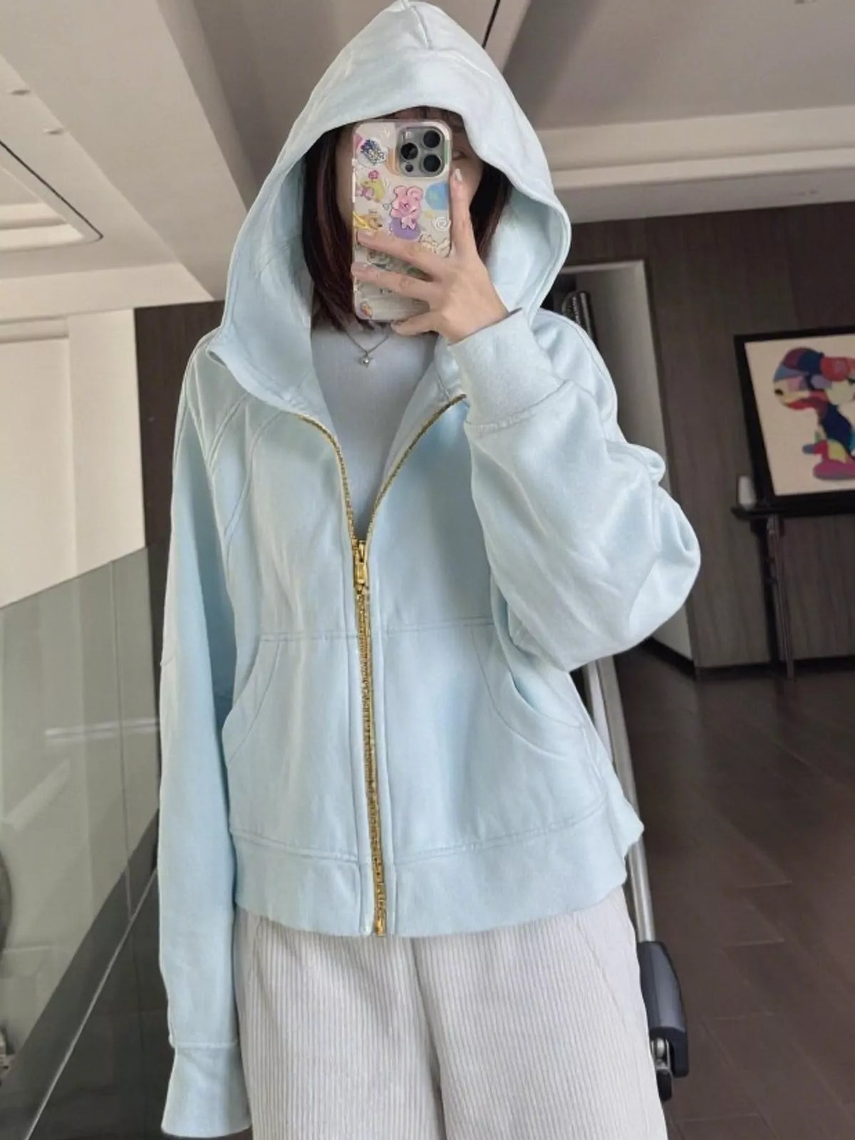 Women's Zip Up Raglan Sleeve Hoodie in light blue — front view