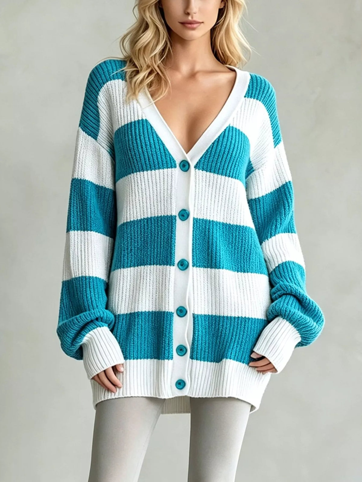 Striped cardigan, teal and white front