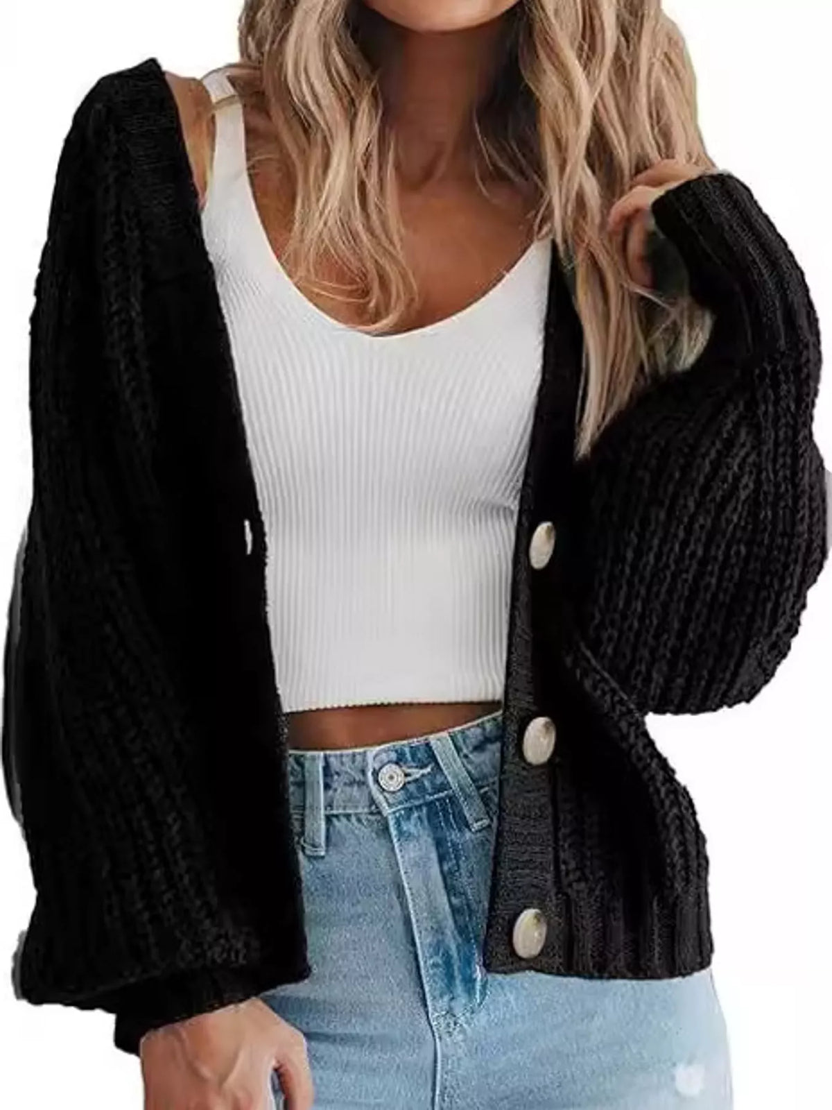 Button cardigan, black front
