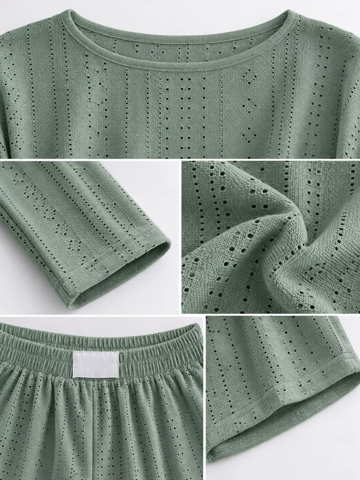 Eyelet Long Sleeve Top and Shorts Lounge Set, detail view in green