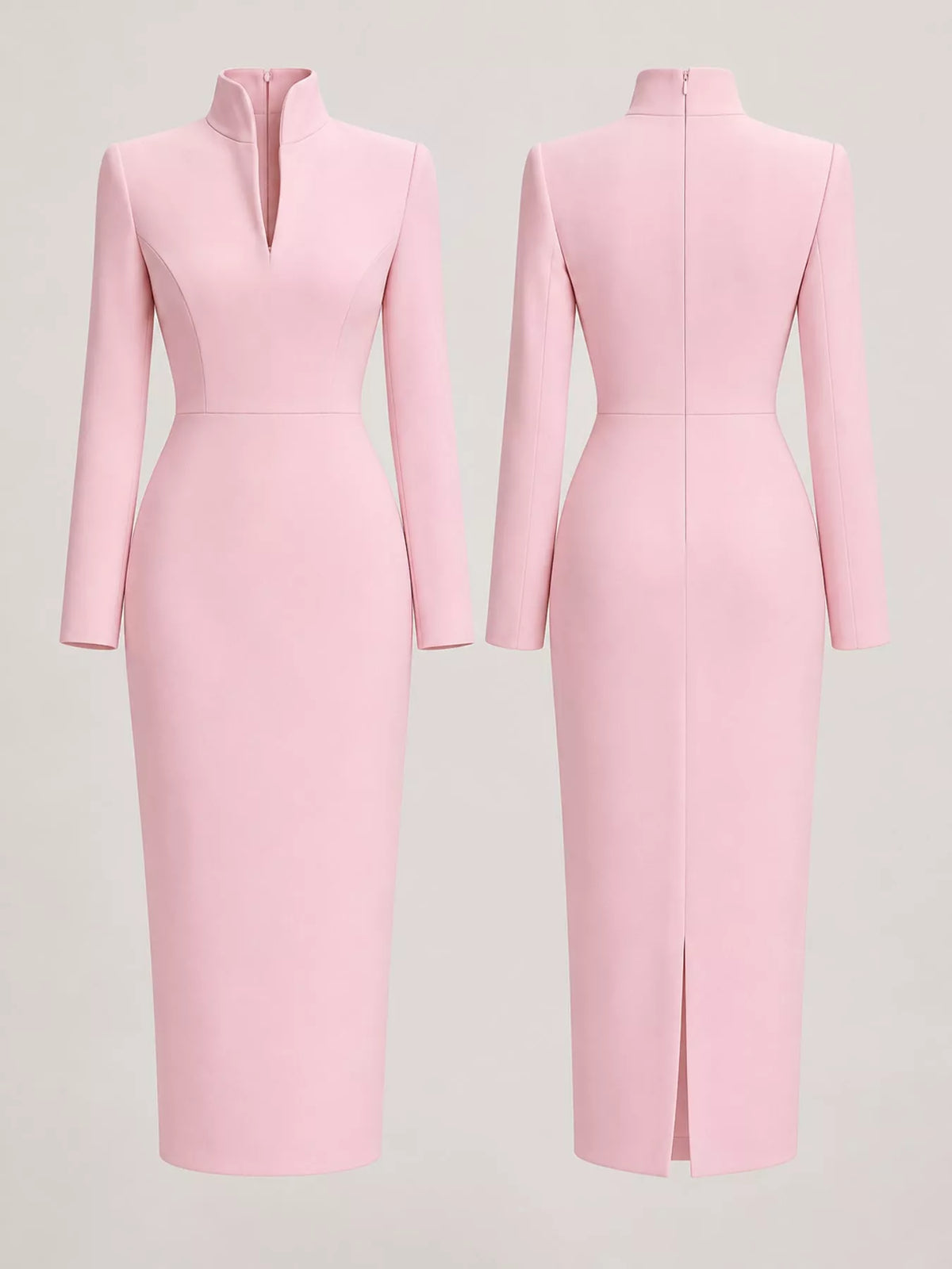 Women's Stand-Collar Long-Sleeve Midi Dress in pink — flat lay view