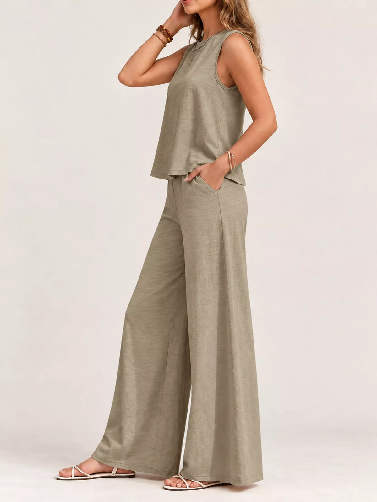 Sleeveless Tank Top and Wide-Leg Pants Set — side view
