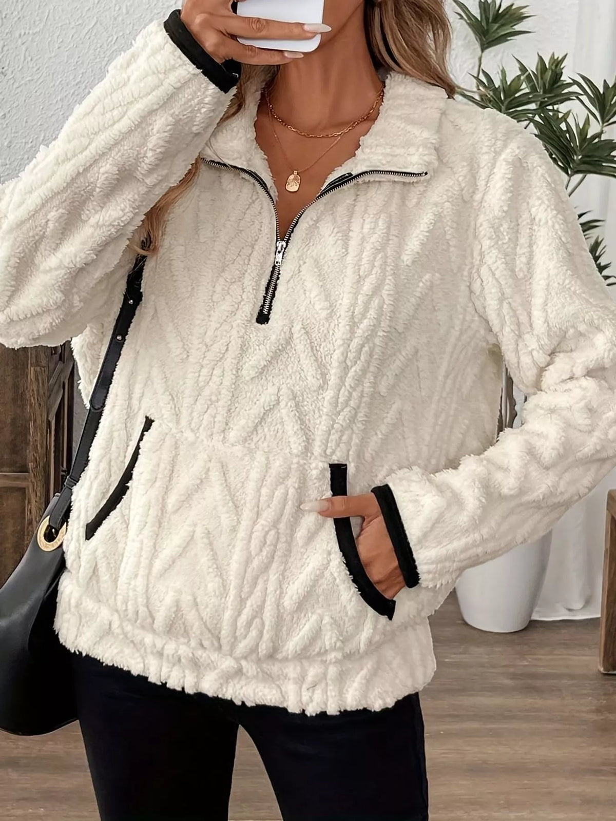 Women's Quarter-Zip Sherpa Sweatshirt in cream — front view