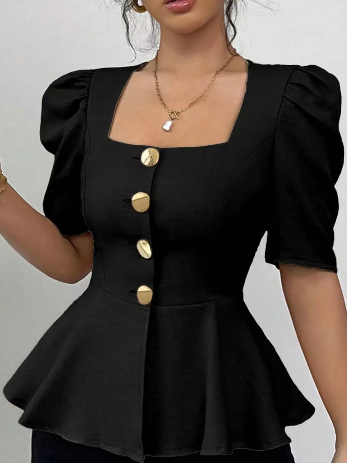 Women's Square Neck Puff Sleeve Peplum Blouse in black — front view