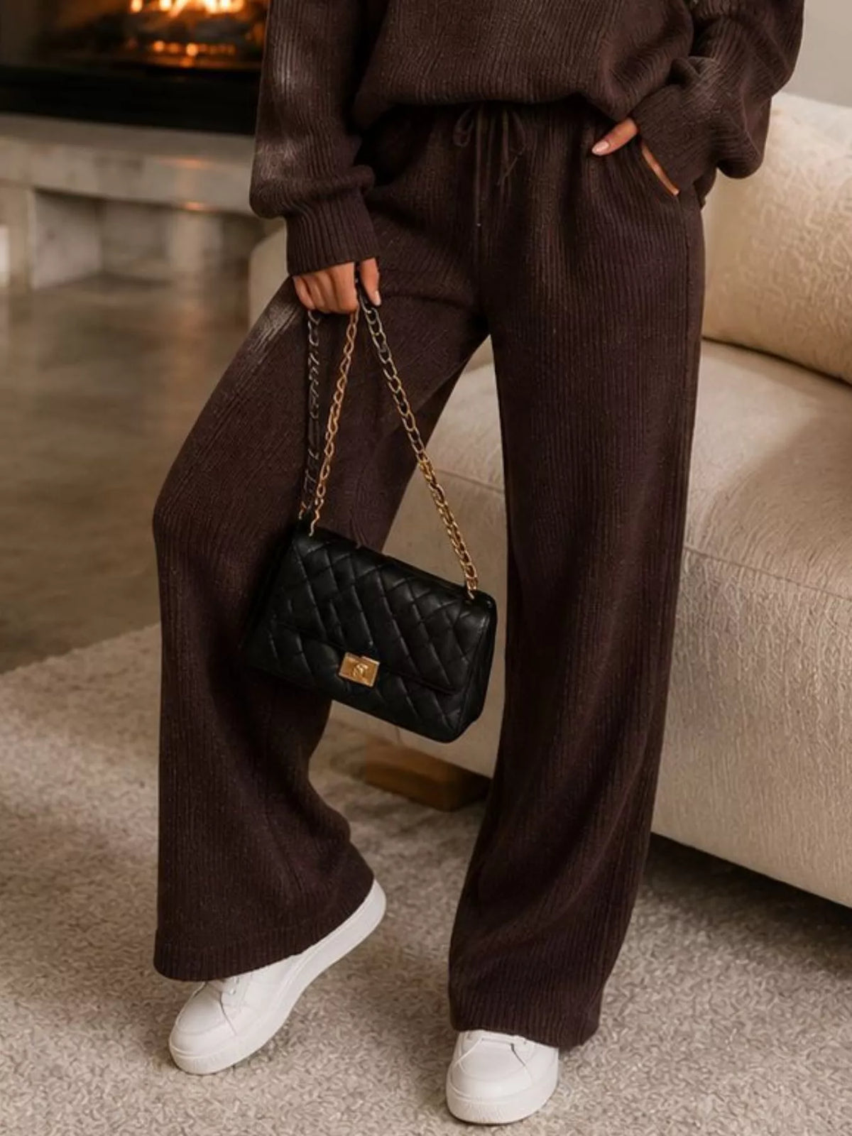 Brown quarter-zip knit top and pants set, pants detail