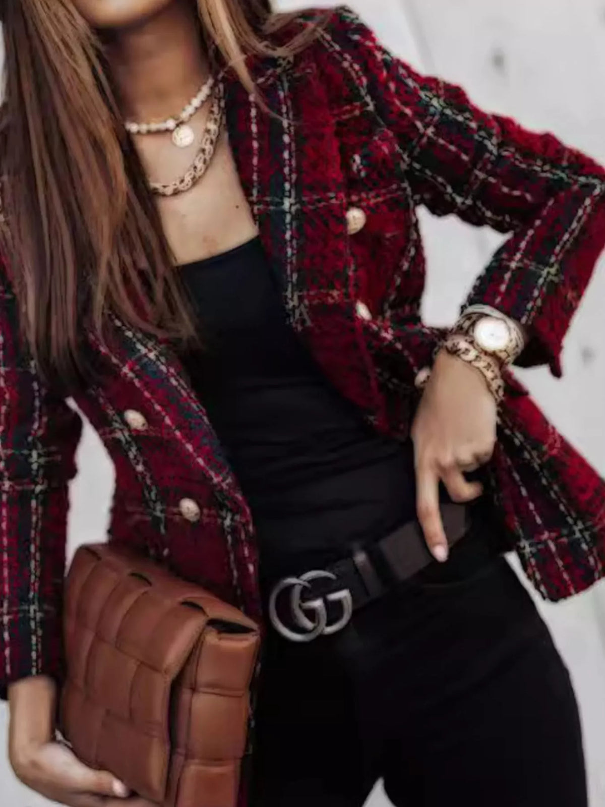 Plaid tweed-look double-breasted blazer