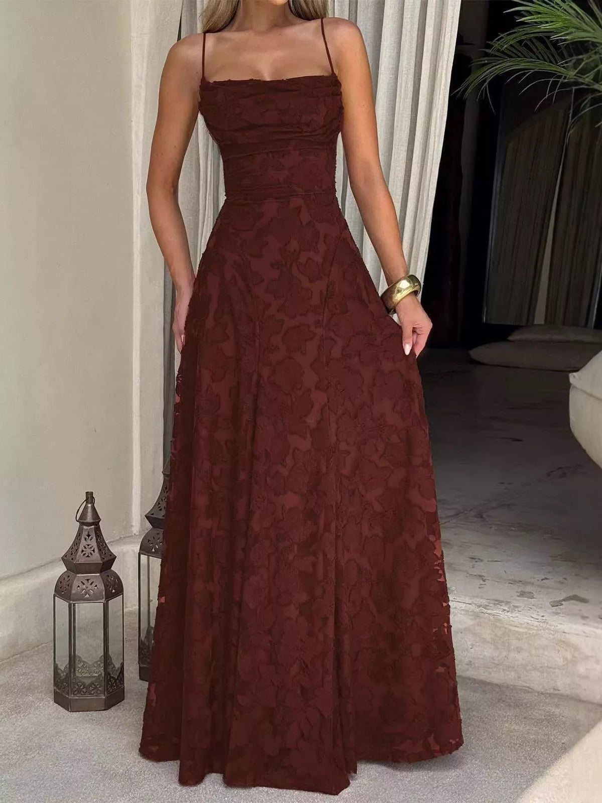 Burgundy backless lace maxi dress, front view