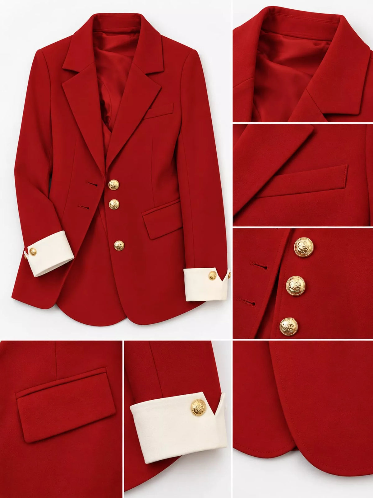 Red single-breasted blazer with gold-tone buttons, lapel, button, pocket, and cuff details