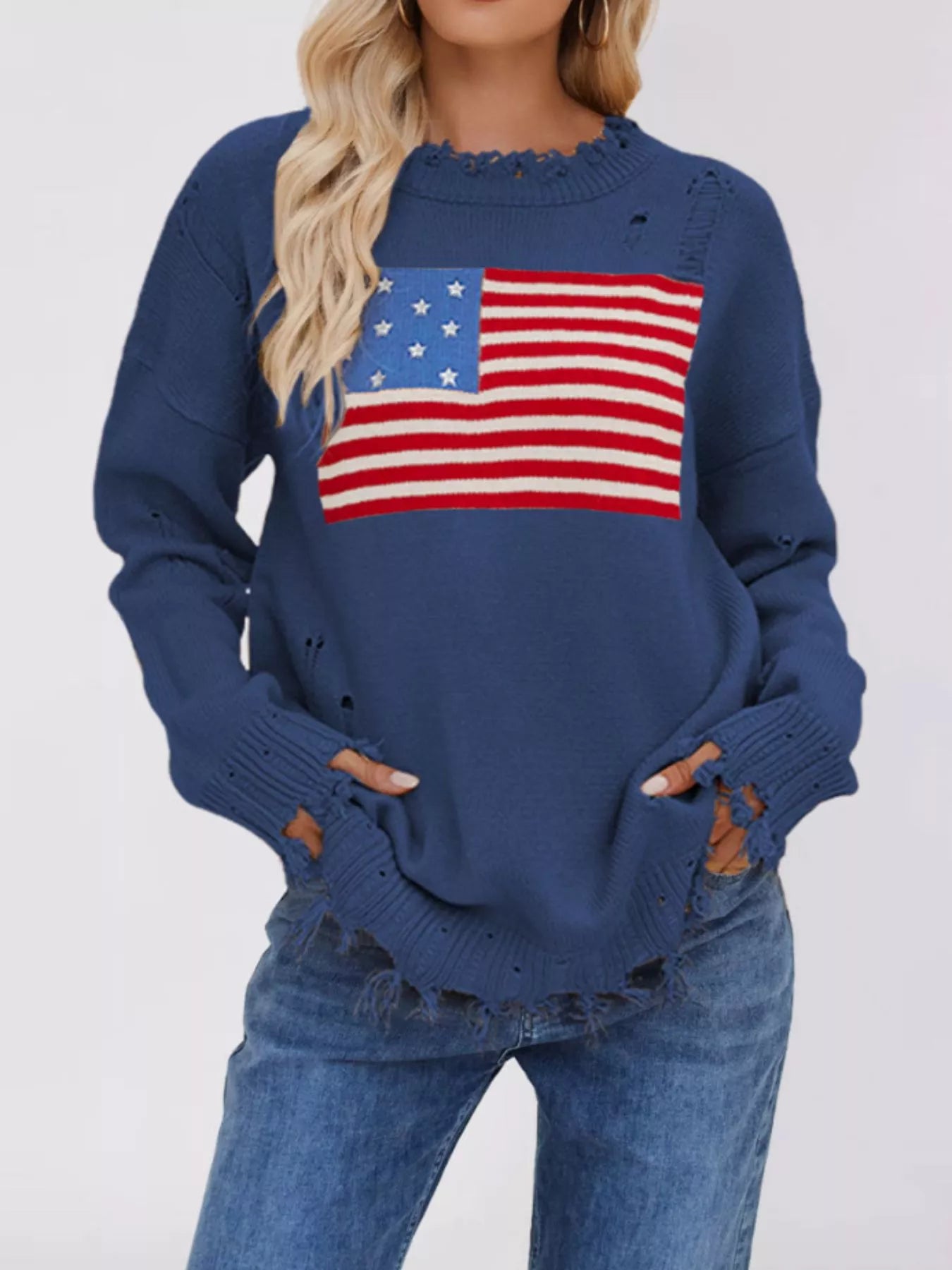 Trendsi Distressed American Flag Graphic Sweater -
