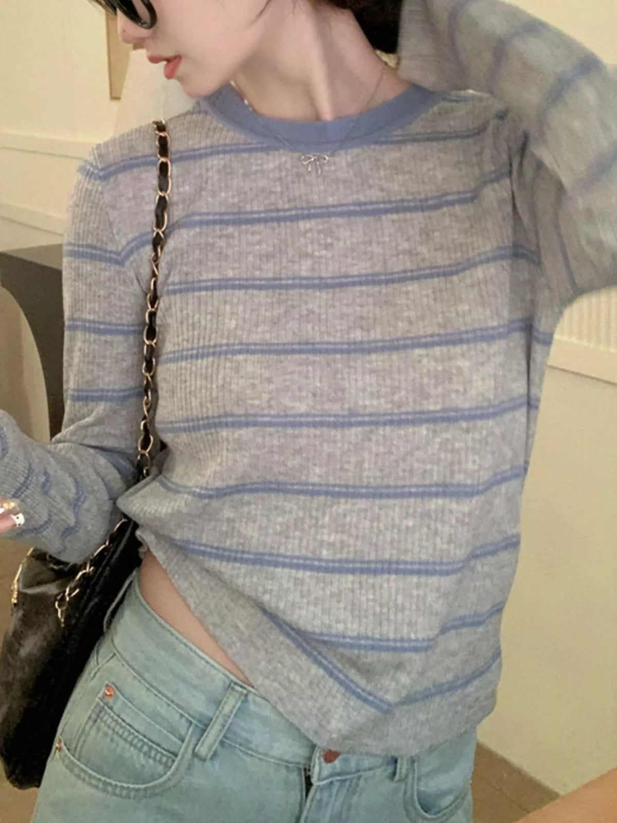 Striped Round Neck Ribbed Knit Top in gray and blue