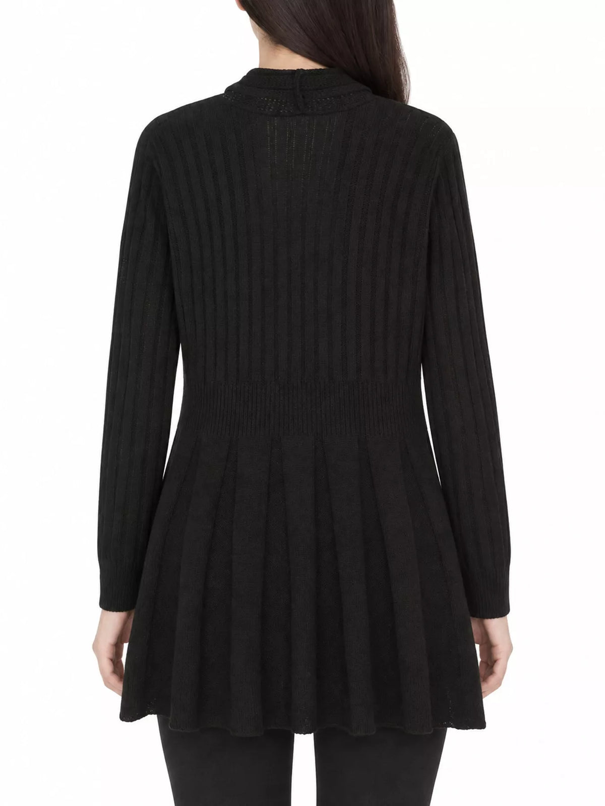 Black ribbed knit open front flared cardigan, back view