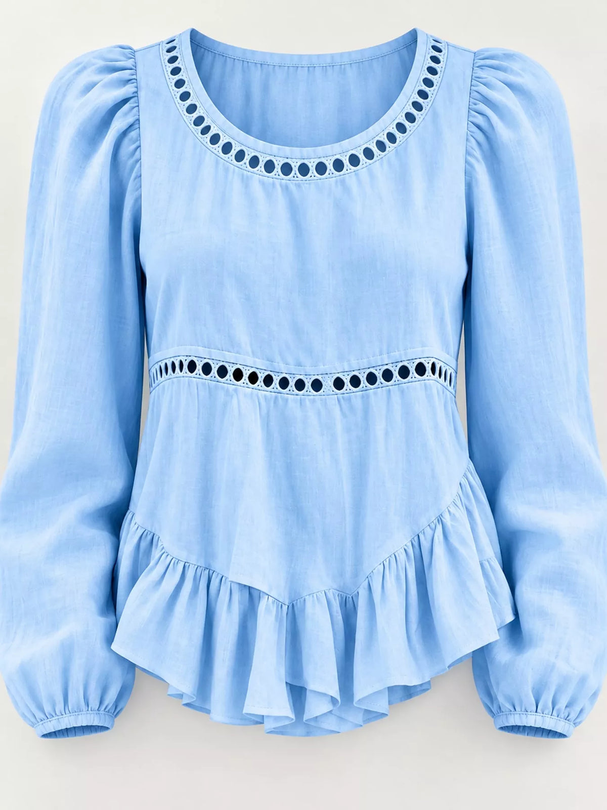 Women's Long Sleeve Blouse with Eyelet Lace Trim and Ruffled Hem in light blue — neckline detail view