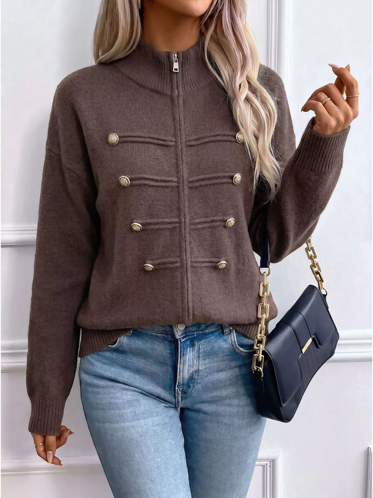 Brown zip-up long sleeve cardigan with decorative buttons