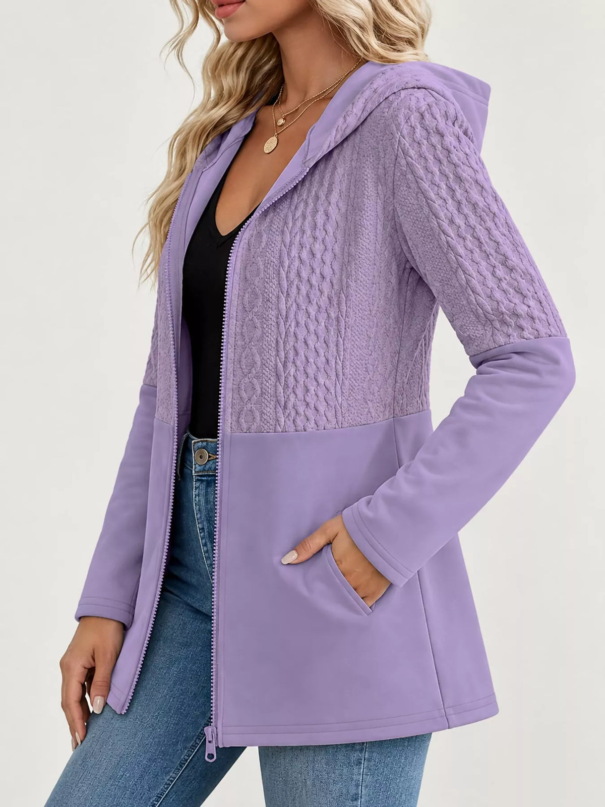 Purple hooded zip-up jacket, side view