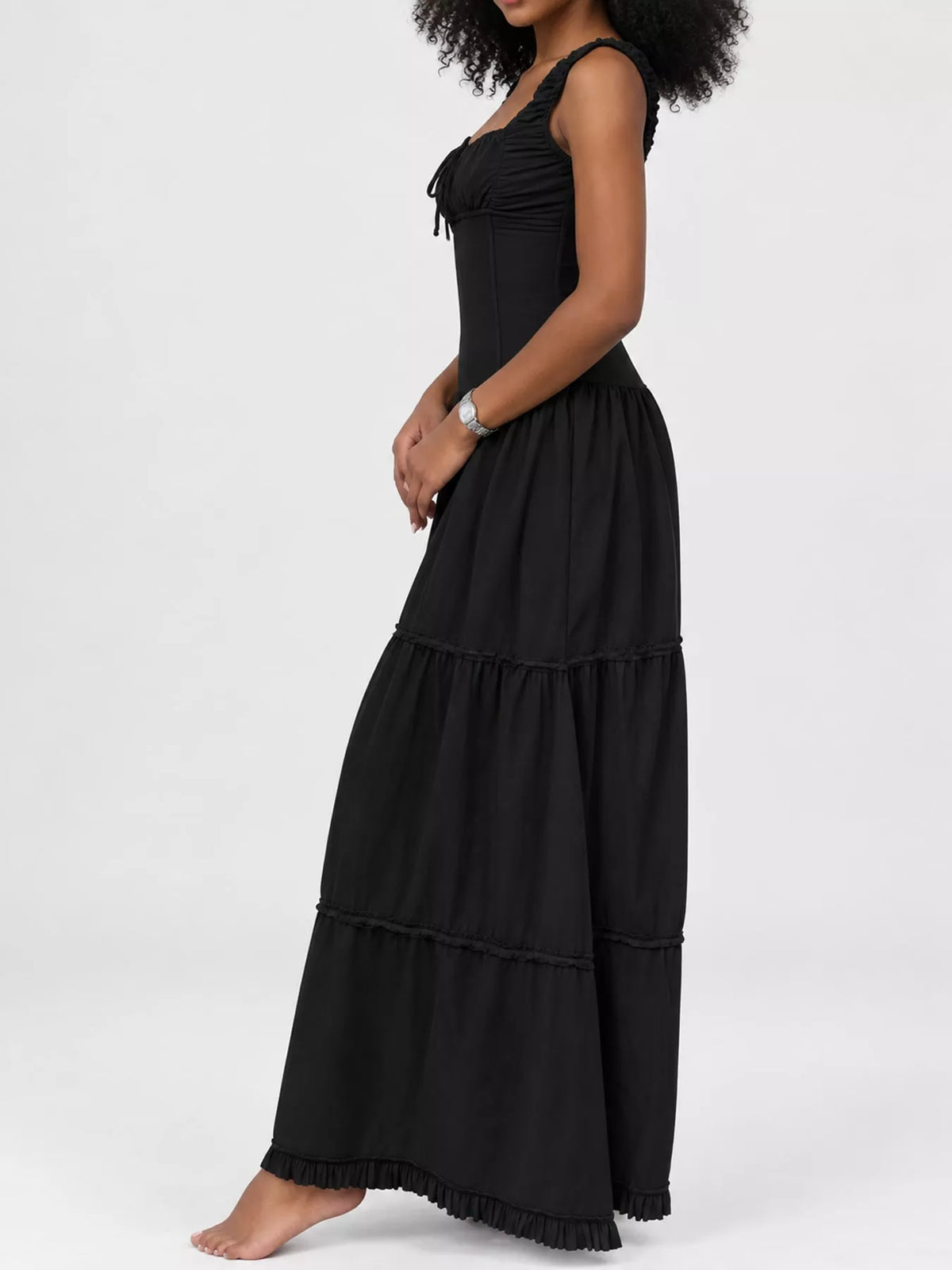 Women's Ruffled Square Neck Tiered Maxi Dress in black — side view