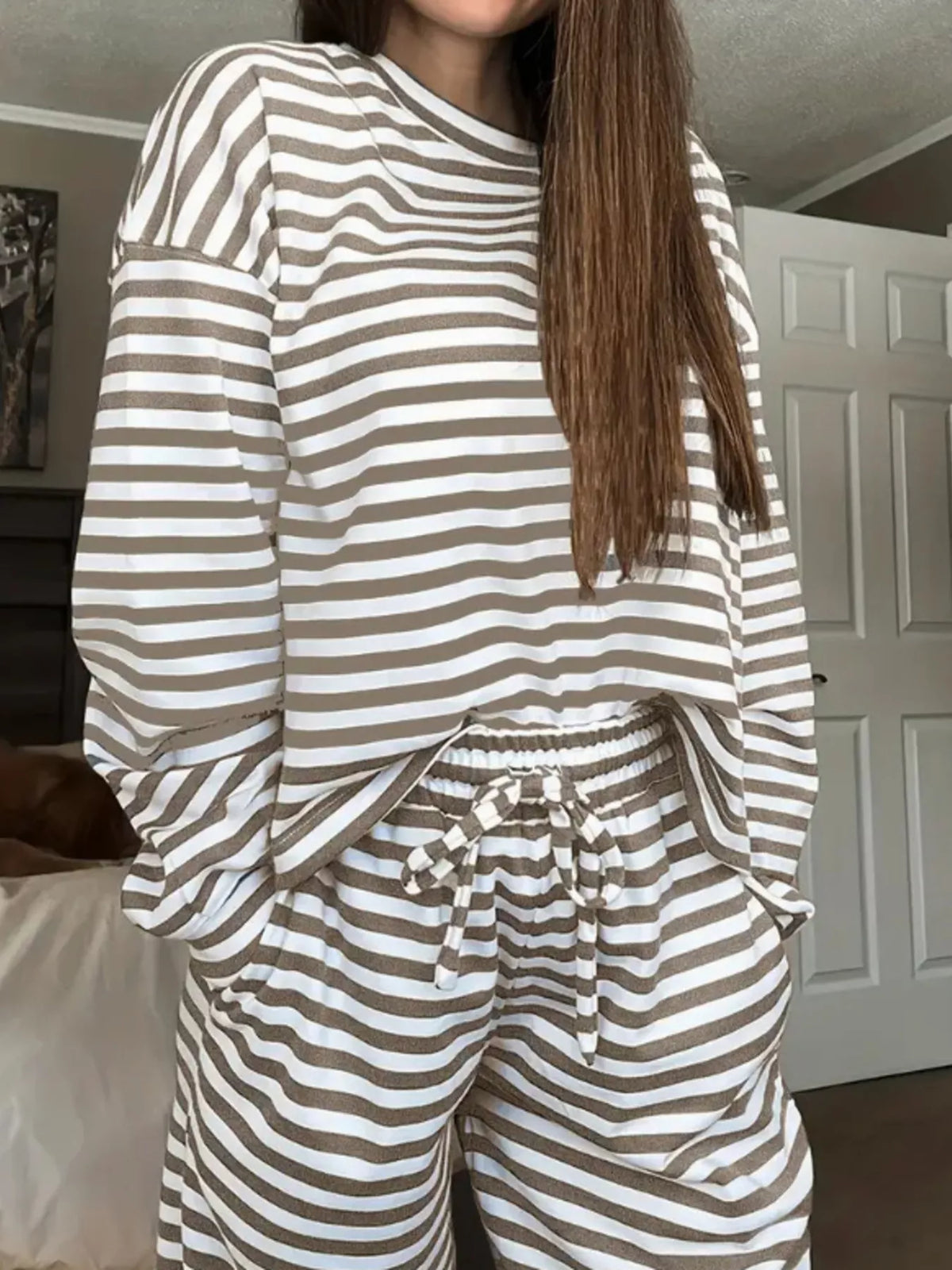 Taupe striped long-sleeve top and pants set, top and waistband detail