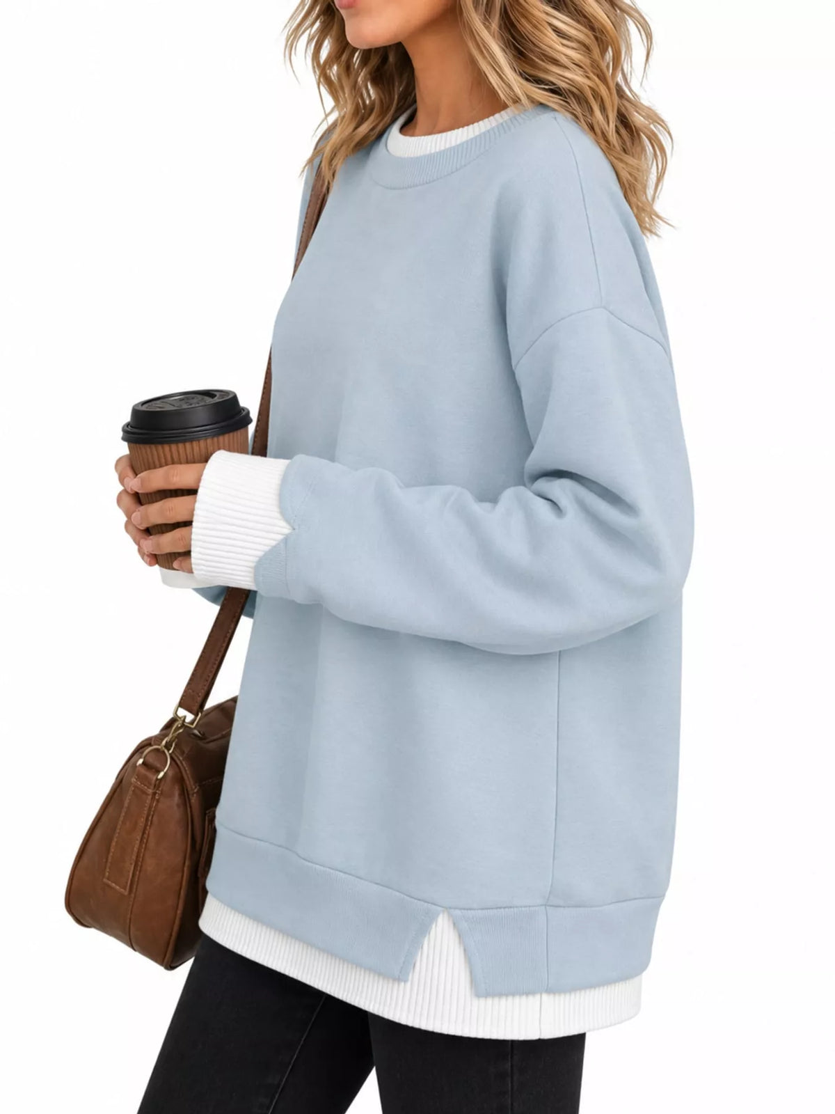 Layered Look Crew Neck Sweatshirt in light blue, side view