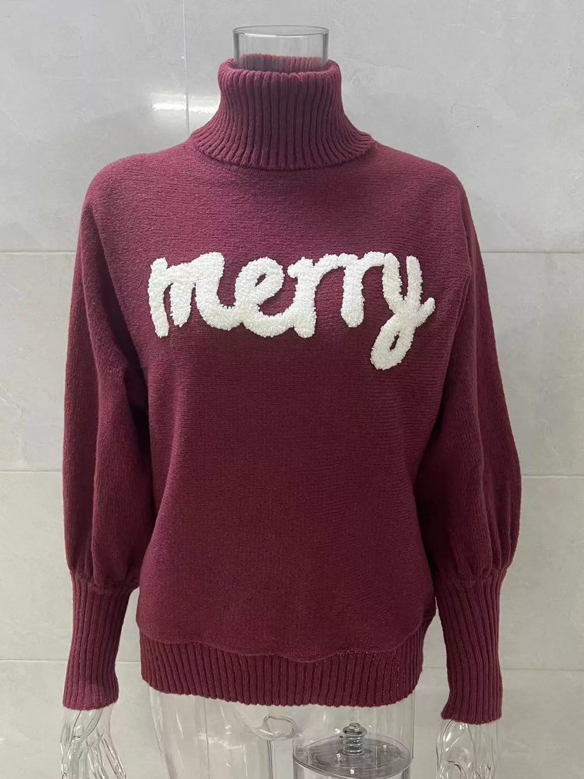 Burgundy lettering turtleneck sweater
