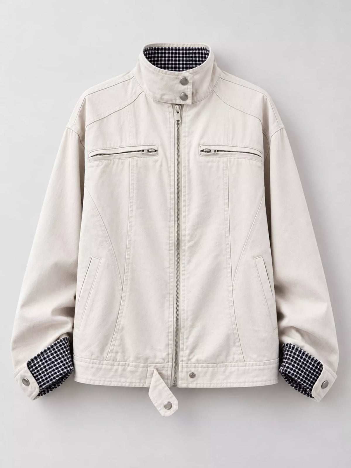 Cream contrast plaid cuffs zip-up jacket — front view