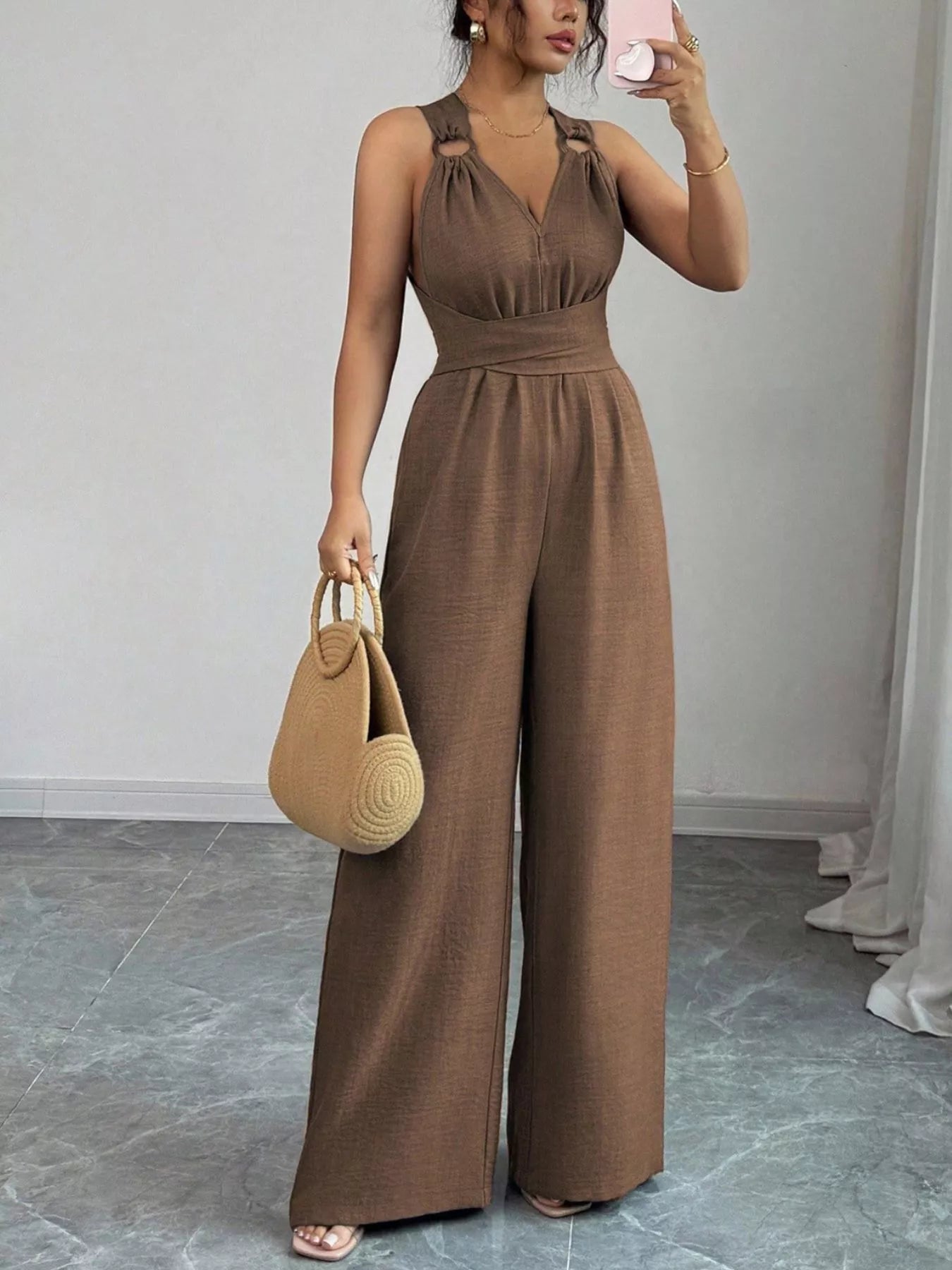 Trendsi Sleeveless V-Neck Wide-Leg Jumpsuit with O-Ring Detail -