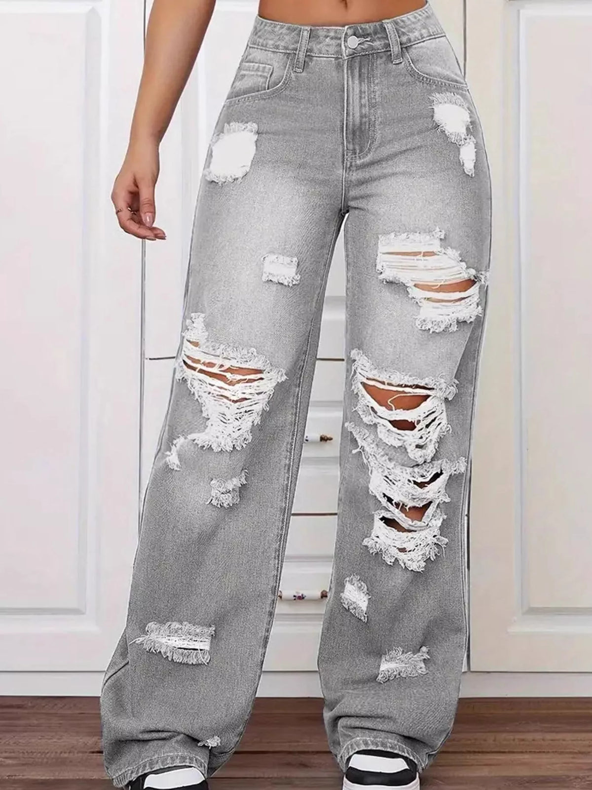 Distressed Wide-Leg Jeans in gray, front view