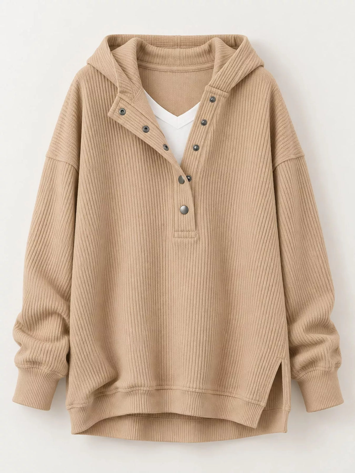 Women's Snap Button Placket Dropped Shoulder Hoodie in tan — flat lay view