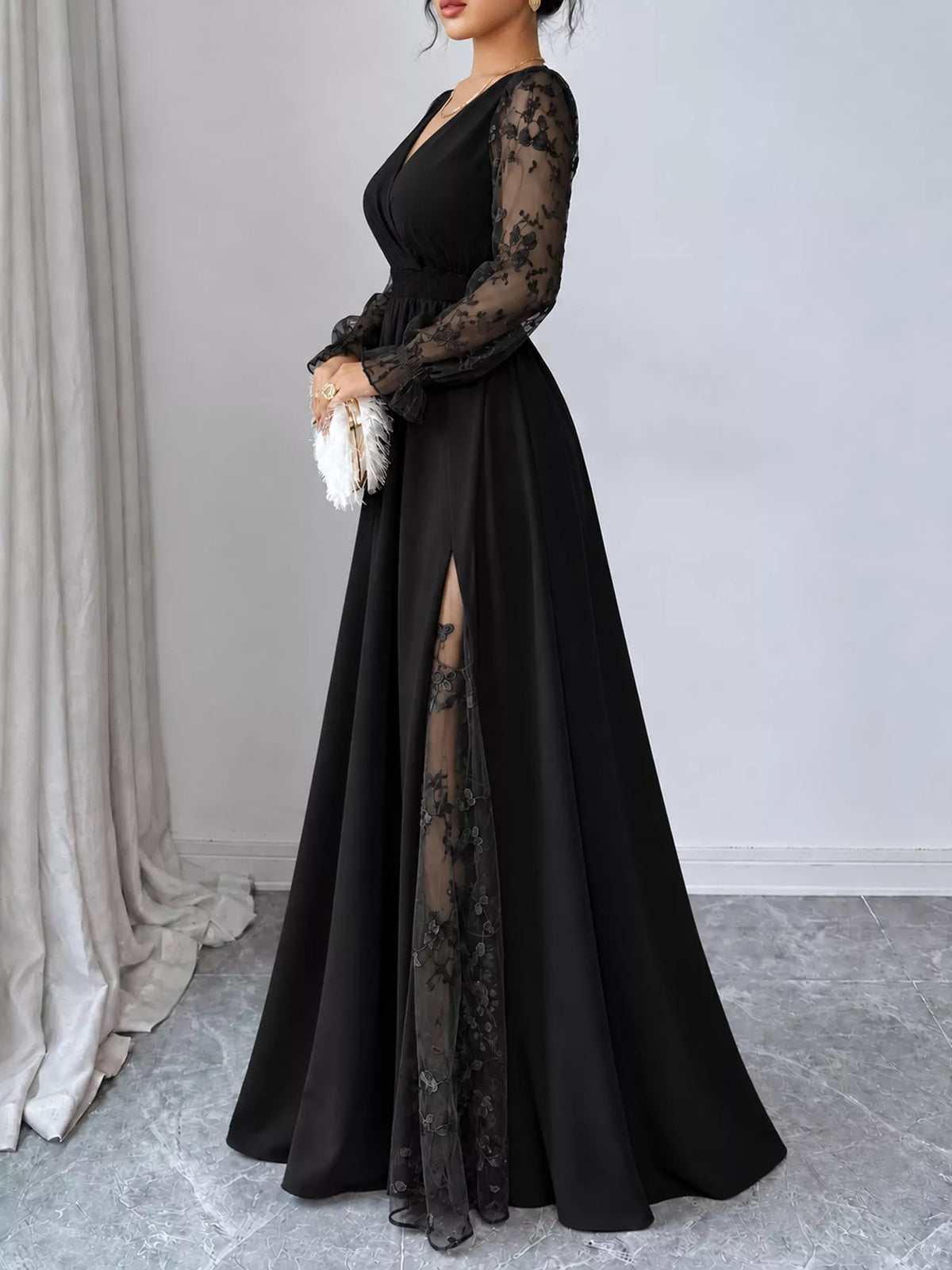 V-neck long sleeve maxi dress, side view