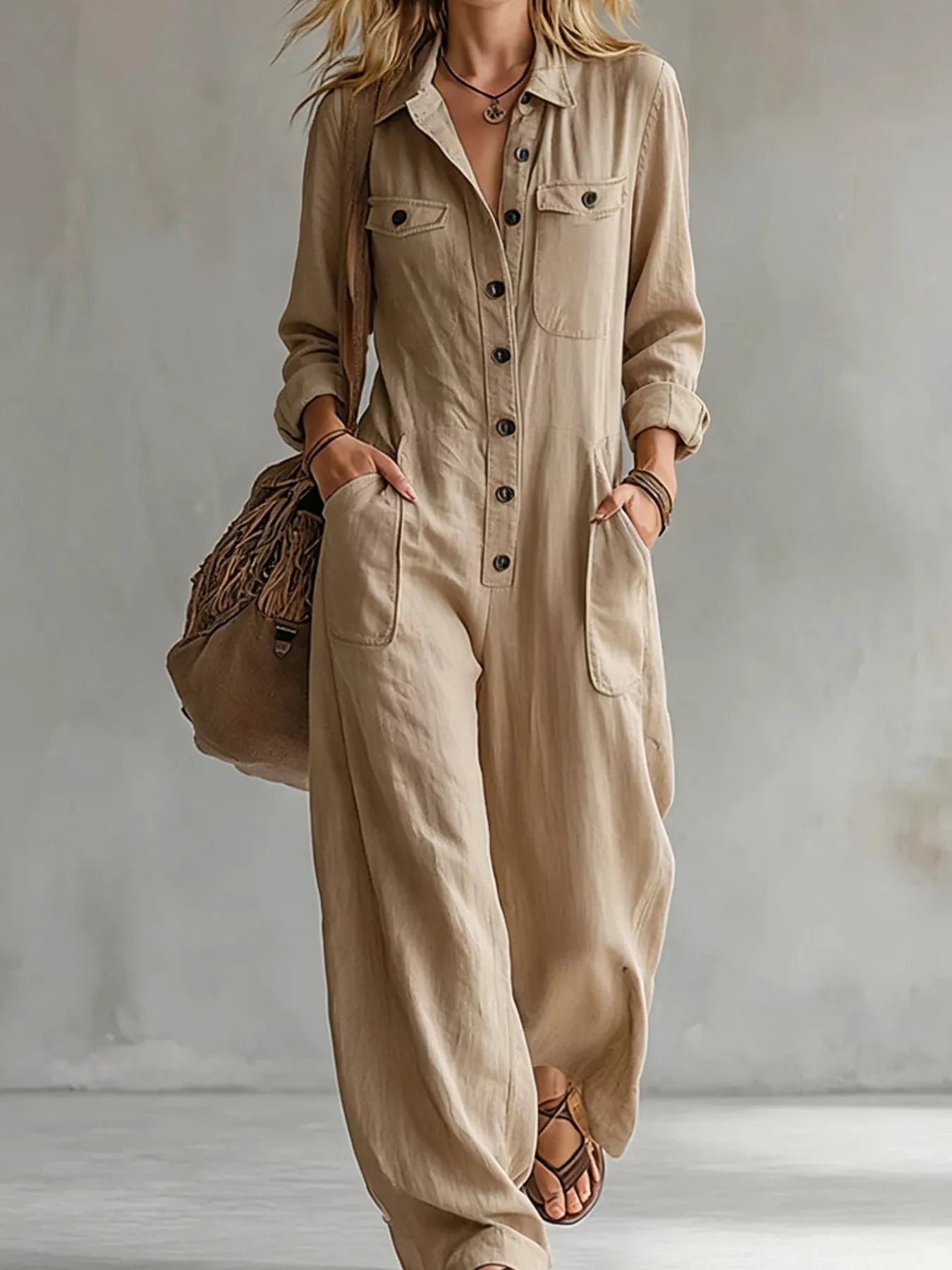 Trendsi Full Size Long Sleeve Button Front Jumpsuit Plus Size -