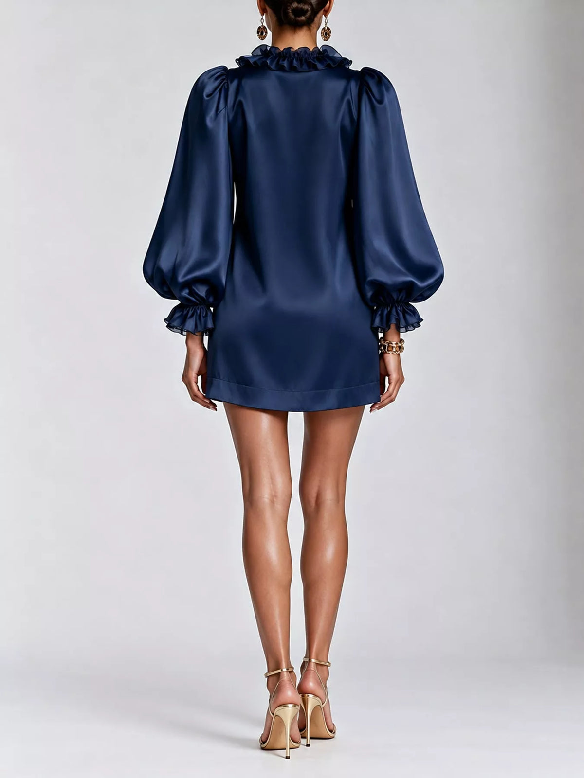Ruffle Trim Puff Sleeve Mini Dress in navy, back view