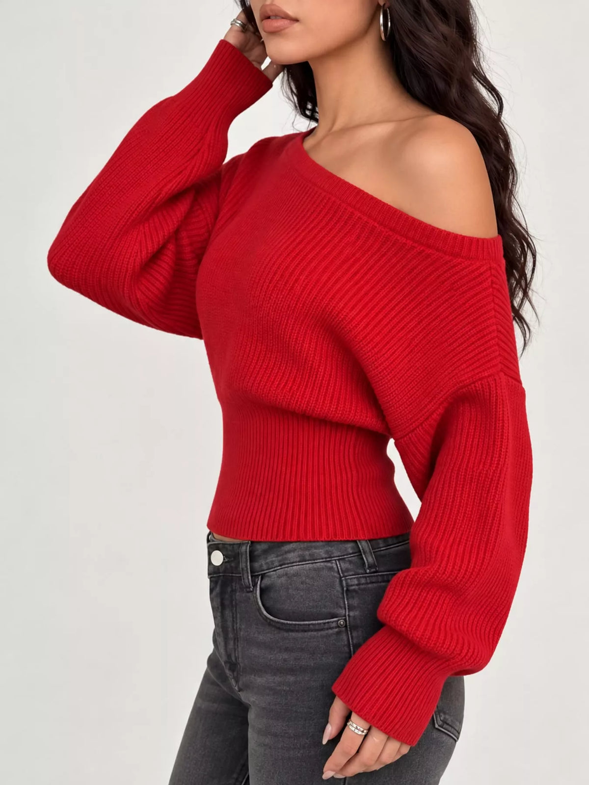 Red one shoulder ribbed knit sweater
