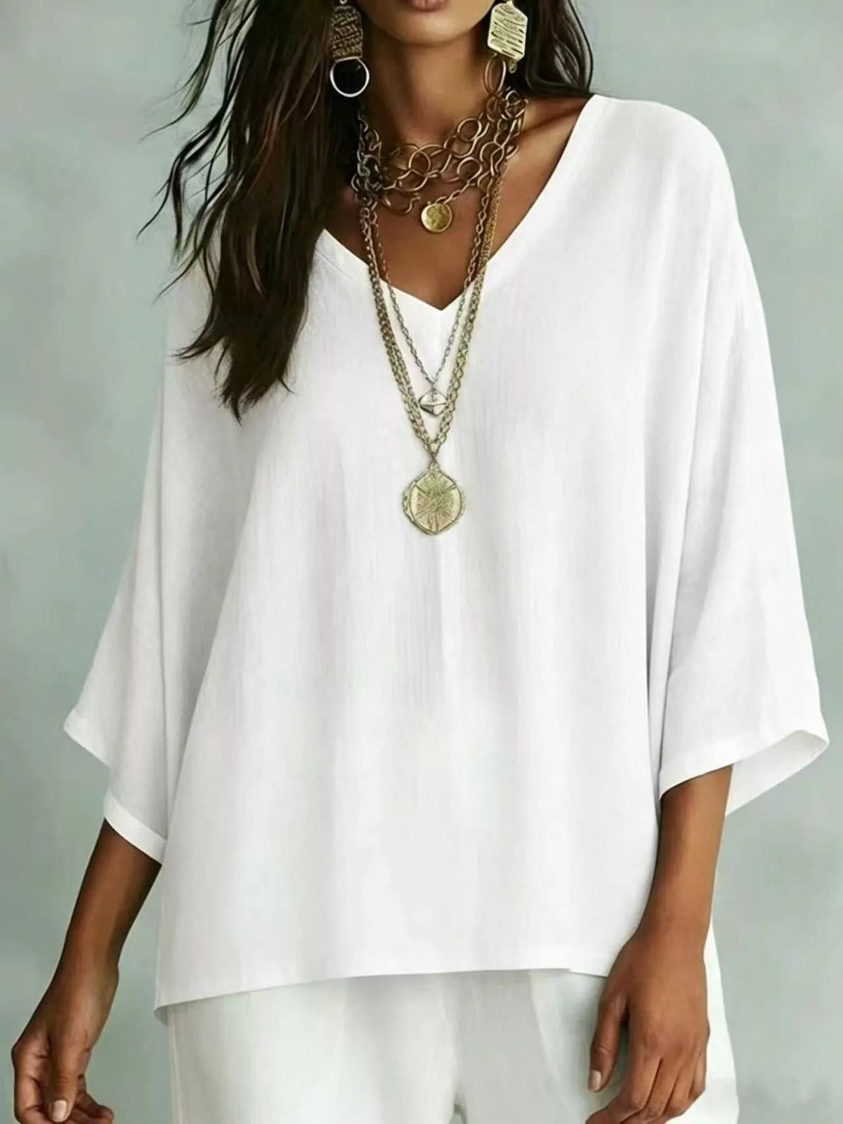 White V-Neck Loose Fit T-Shirt front view