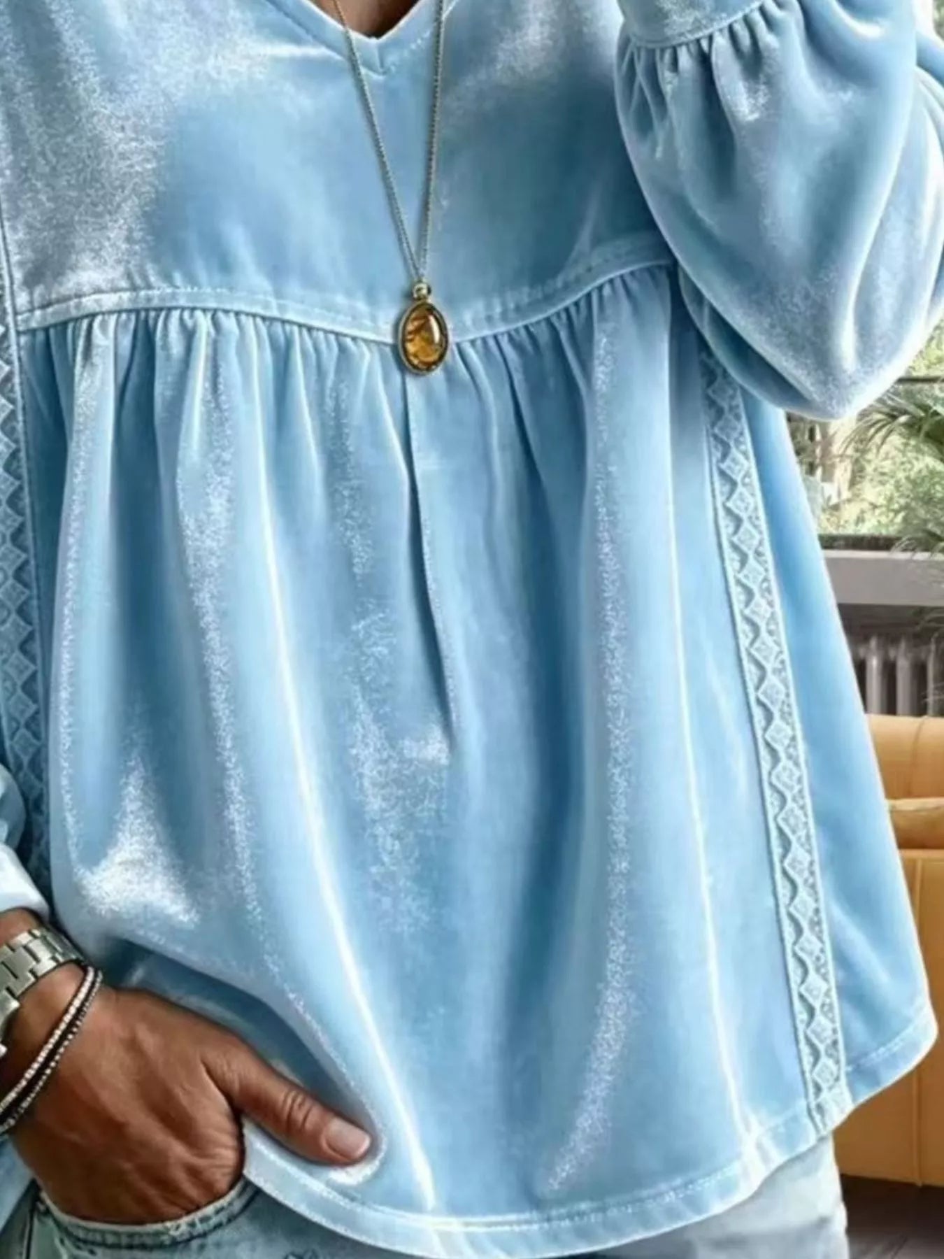 Trendsi Full Size Velvet Lace Detail V-Neck Blouse Plus Size -