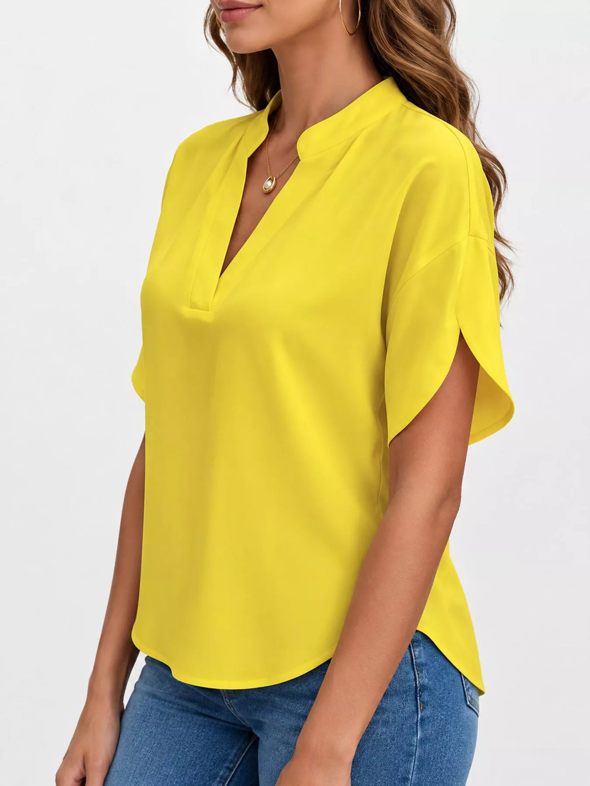Women's Notched Slit Short Sleeve Blouse in yellow — side view