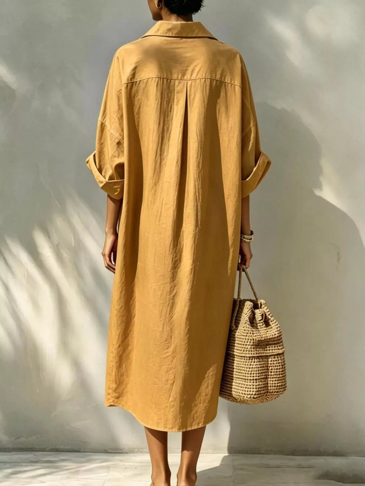 White button-down shirt dress, back view