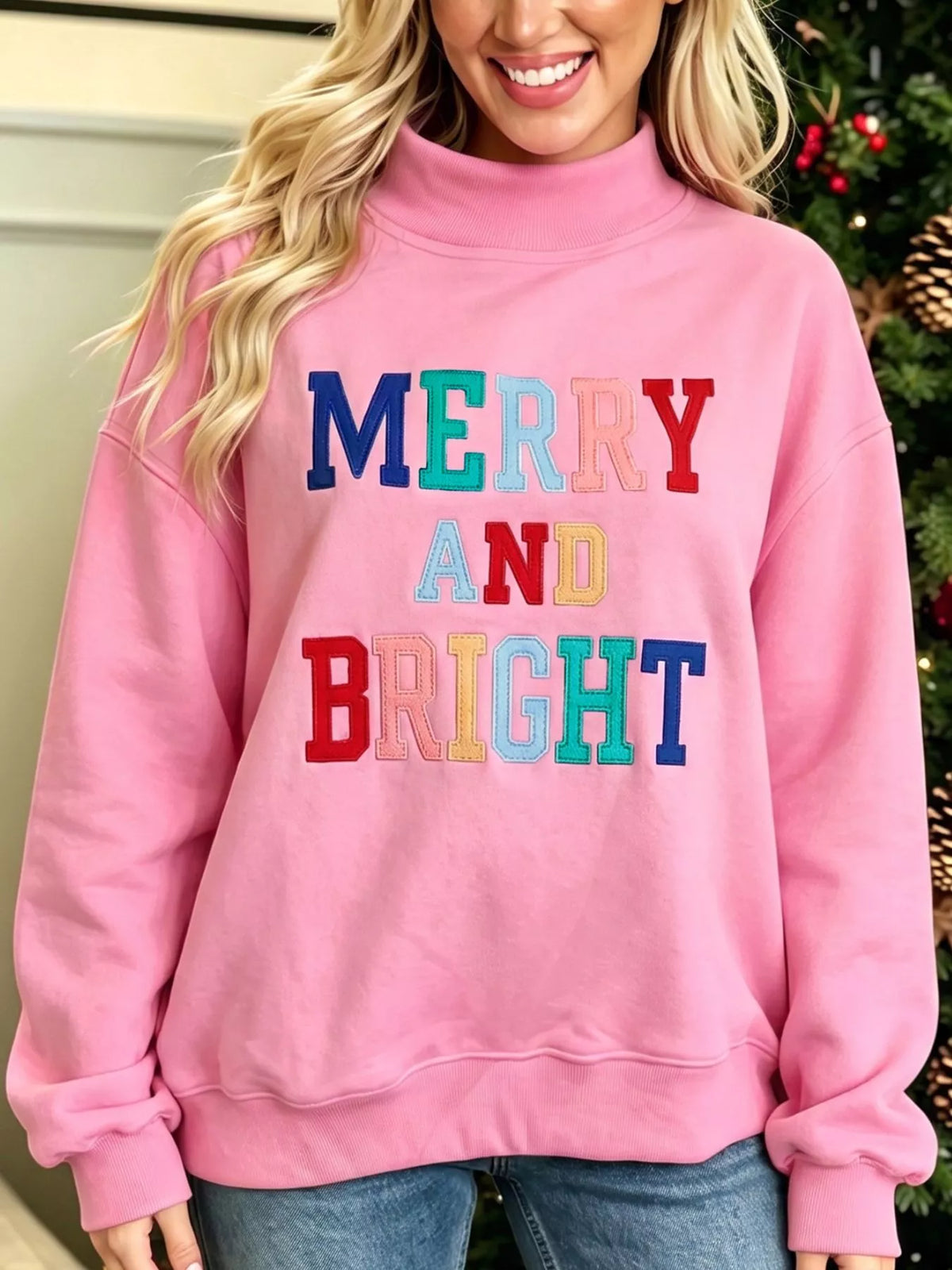 MERRY AND BRIGHT sweatshirt, pink front