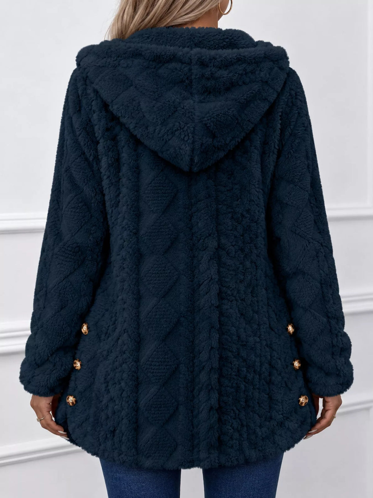 Navy cable knit faux fur hooded jacket, back view