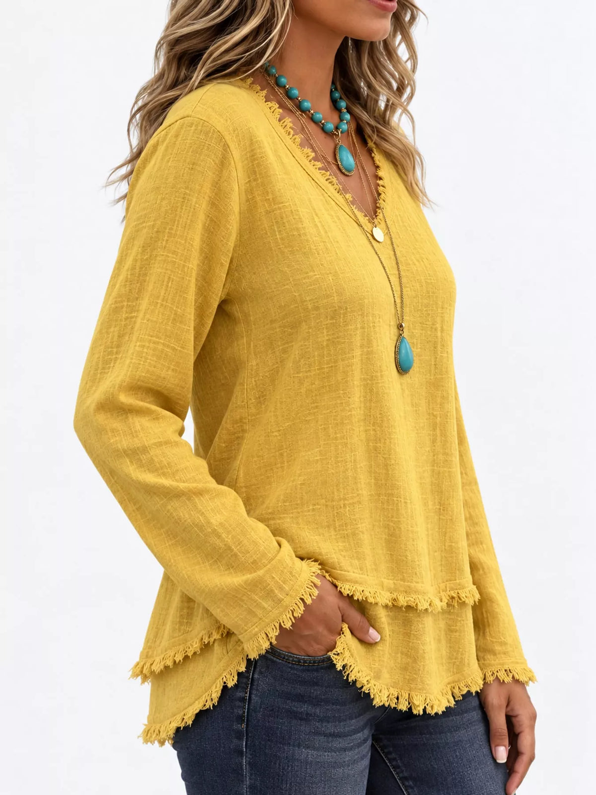 Frayed-hem blouse, yellow angled front